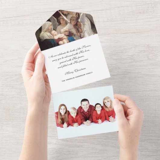 Kerstavond Religieuze Foto Mary Jesus Angels All In One Uitnodiging (Afscheurbaar)