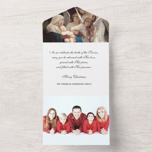 Kerstavond Religieuze Foto Mary Jesus Angels All In One Uitnodiging (Binnen)