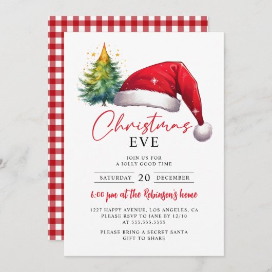 Kerstavond Rode Kerstman Hoed Tree Stars Kaart (Voorkant / Achterkant)