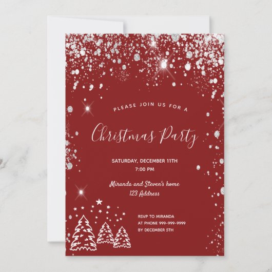 Kerstavond rode zilverglitter kaart (Voorkant)