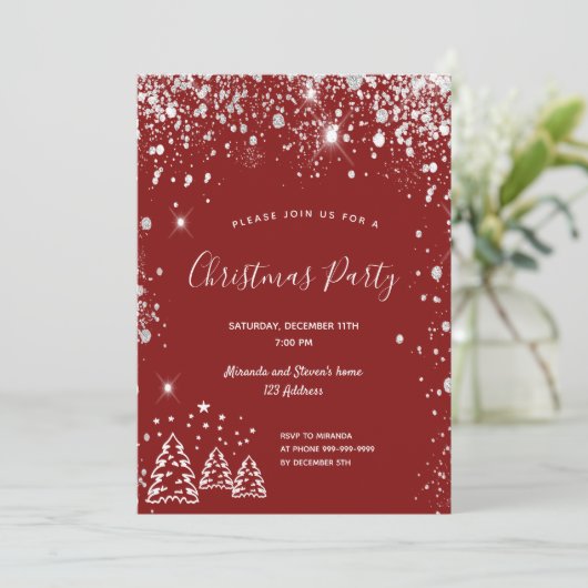 Kerstavond rode zilverglitter kaart (Staand voorkant)