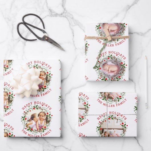 Kerstavond, rood Prettige feestdagen drie foto Inpakpapier Vel (Voorkant)