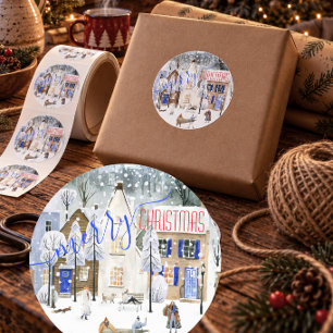 Kerstavond Sneeuwbol Wintertafereel Ronde Sticker