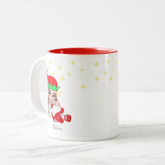 Kerstavond Verdrukt in rood en sterren Tweekleurige Koffiemok (Voorkant links)