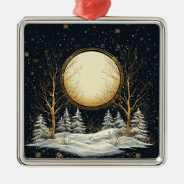 Kerstavond Volle Maan Pijnbomen Sneeuw Metalen Ornament