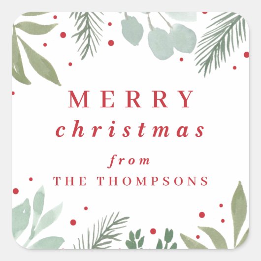 Kerstavond Waterverf Garland Winter Foliage Vierkante Sticker (Voorkant)