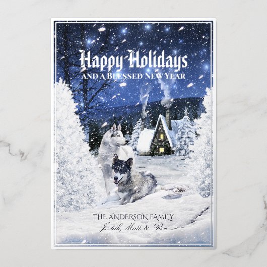 Kerstavond, wolven in sneeuw - folie feestdagenkaart (Voorkant)
