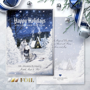 Kerstavond, wolven in sneeuw - folie feestdagenkaart