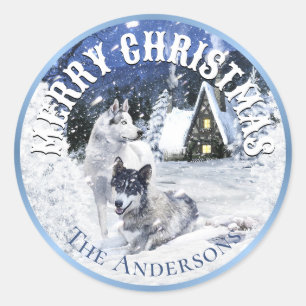 Kerstavond, wolven in sneeuw - ronde sticker