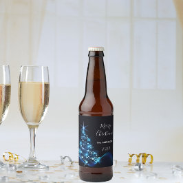 Kerstavond zwarte blauwe moderne schitterende boom bier etiket