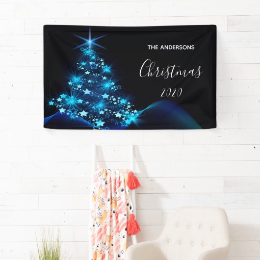 Kerstavond zwarte blauwe moderne schitterende boom spandoek (Insitu)