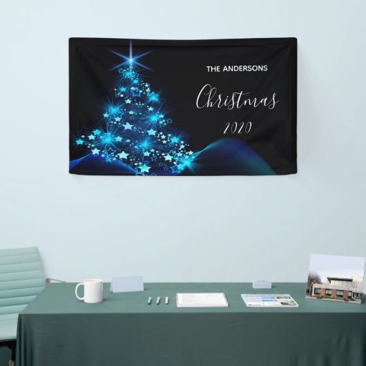 Kerstavond zwarte blauwe moderne schitterende boom spandoek (Beurs)