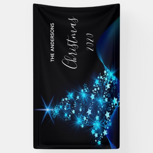 Kerstavond zwarte blauwe moderne schitterende boom spandoek (Verticaal)