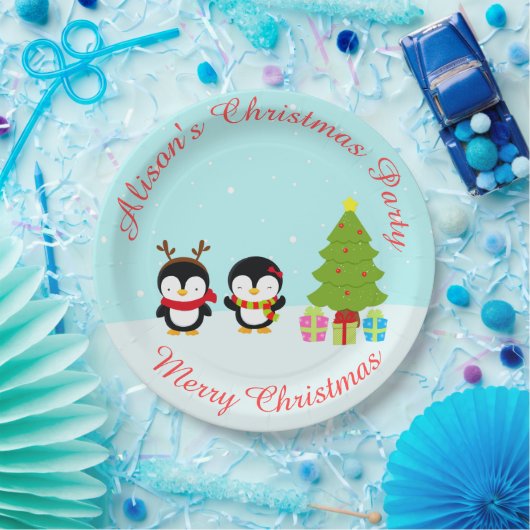 Kerstawinterpinguïns en bomen papieren bordje (Feest)