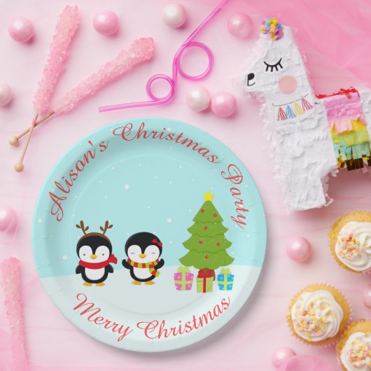 Kerstawinterpinguïns en bomen papieren bordje (Feest)