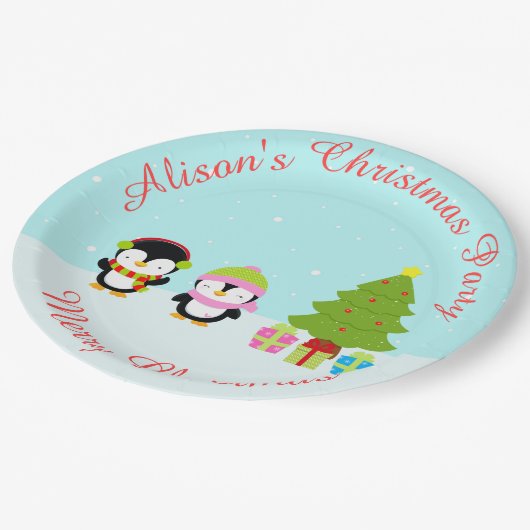 Kerstawinterpinguïns en bomen papieren bordje (Gekanteld)