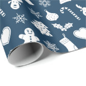 Kerstawit patroon blauwe achtergrond cadeaupapier (Rol Hoek)