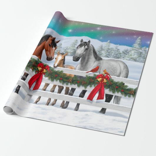 Kerstaxe Bay Buckskin Dapple Gray Horses Cadeaupapier (Uitgerold)