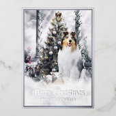 Kerstaxis, Blauwe Merle Rough Collie & Lambs - Folie Feestdagenkaart (Voorkant)
