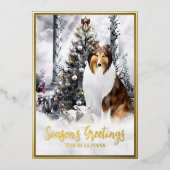 Kerstaxis Magic, Sable Rough Collie Dog & Lambs - Folie Feestdagenkaart (Voorkant)