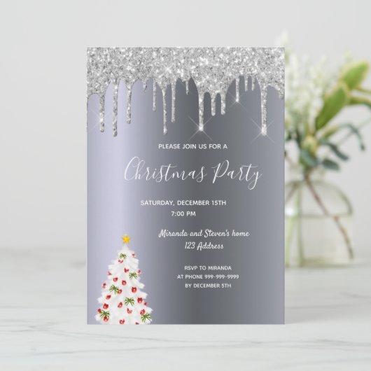 Kerstaxis zilveren glitter druppelt witte boom kaart (Staand voorkant)