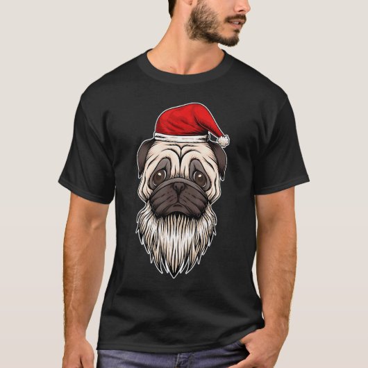 Kerstbaard Pug Met Sinterklaas Hoed T-shirt (Voorkant)