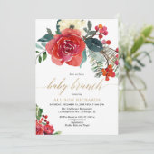 kerstbaby brunch rode florale waterverf douche kaart (Staand voorkant)