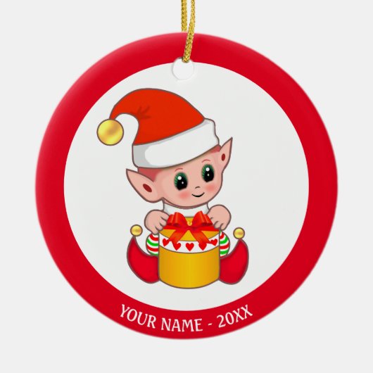 Kerstbaby-elf & aangepaste naam keramisch ornament (Voorkant)