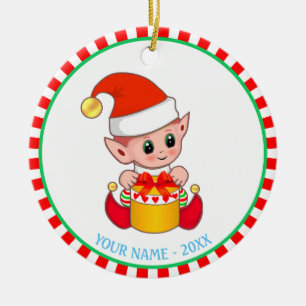 Kerstbaby-elf & aangepaste naam keramisch ornament