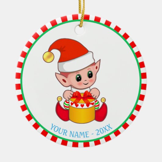 Kerstbaby-elf & aangepaste naam keramisch ornament (Voorkant)