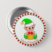 Kerstbaby-elf en cadeaudoos ronde button 7,6 cm (Voorkant /achterkant)