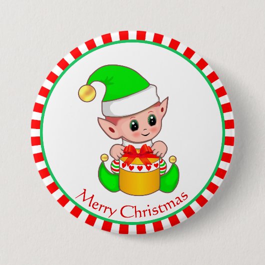 Kerstbaby-elf en cadeaudoos ronde button 7,6 cm (Voorkant)