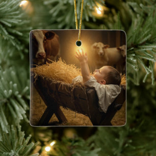 Kerstbaby Jezus in een kribbe Keramisch Ornament