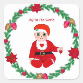 Kerstbaby met blij gezicht & dennenkrans vierkante sticker