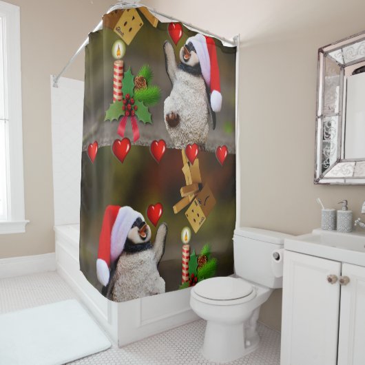 Kerstbadkamer gordijn, Pinguïn Douchegordijn (In situ)