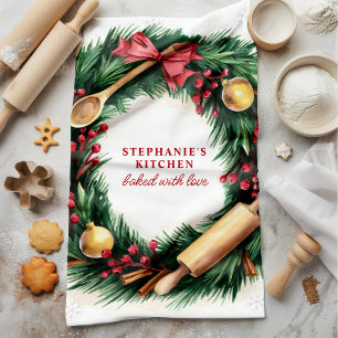 Kerstbakkrans deegroller kaneel theedoek
