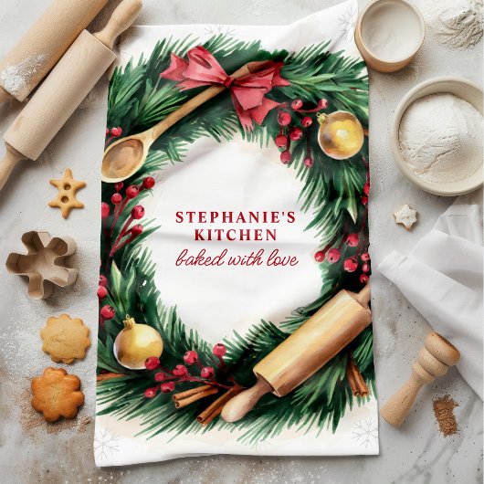 Kerstbakkrans deegroller kaneel theedoek
