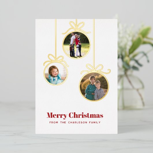 Kerstbal 3 Foto Folie Feestdagenkaart (Staand Voorkant)