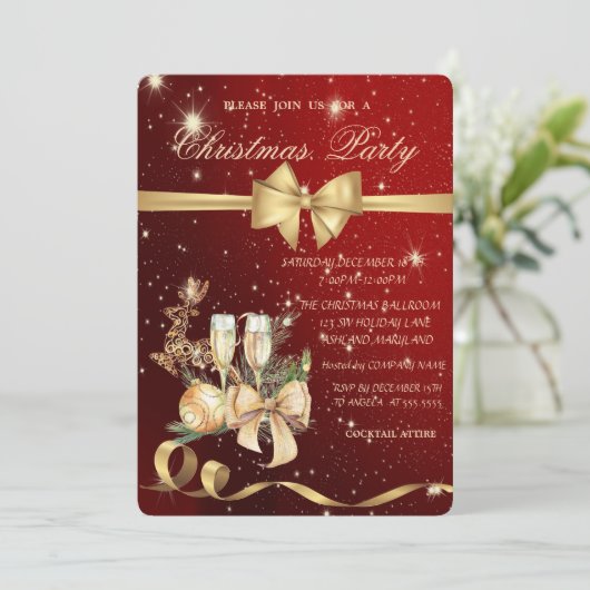 Kerstbal,Boog,Rendier Kerstfeest Uitnodiging (Staand voorkant)