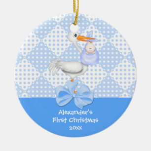 Kerstbal eerste kerstfeest ooievaar jongen keramisch ornament