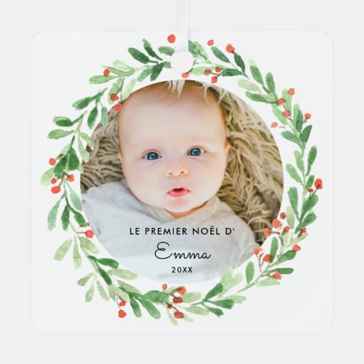 Kerstbal Eerste Kerstmis met foto en voornaam Metalen Ornament (Voorkant)