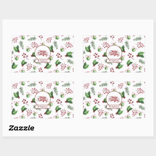 Kerstbal Hulstbessen Dennengroen Monogram Rechthoekige Sticker (Vel)