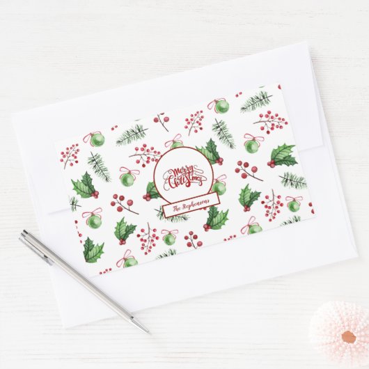 Kerstbal Hulstbessen Dennengroen Monogram Rechthoekige Sticker (Envelop)