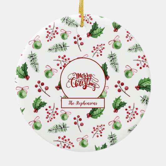 Kerstbal Hulstbessen Dennnen Monogram Keramisch Ornament (Achterkant)