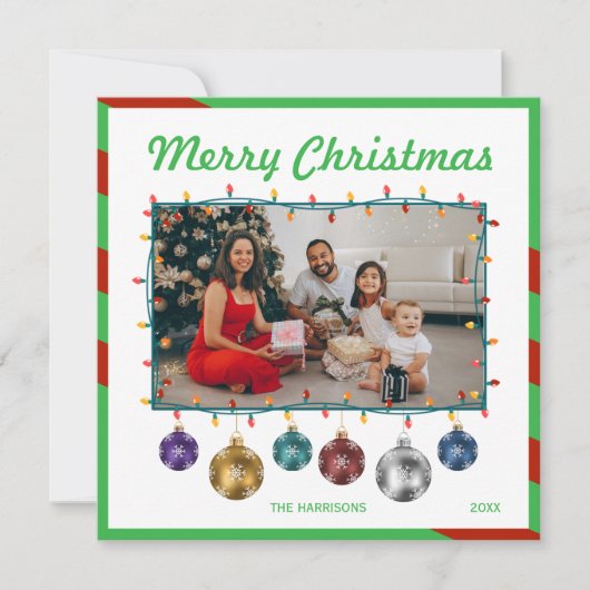 Kerstbal Kleurrijke gloeilampen Foto Feestdagenkaart (Voorkant)