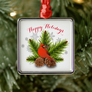 Kerstbal met dennenappels en kardinaalvogel metalen ornament