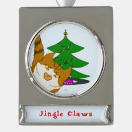 Kerstbal met Jingle Claws Kat & Boom Verzilverd Banner Ornament