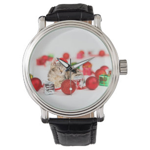 Kerstbal met kat met rode kerstman hoed horloge