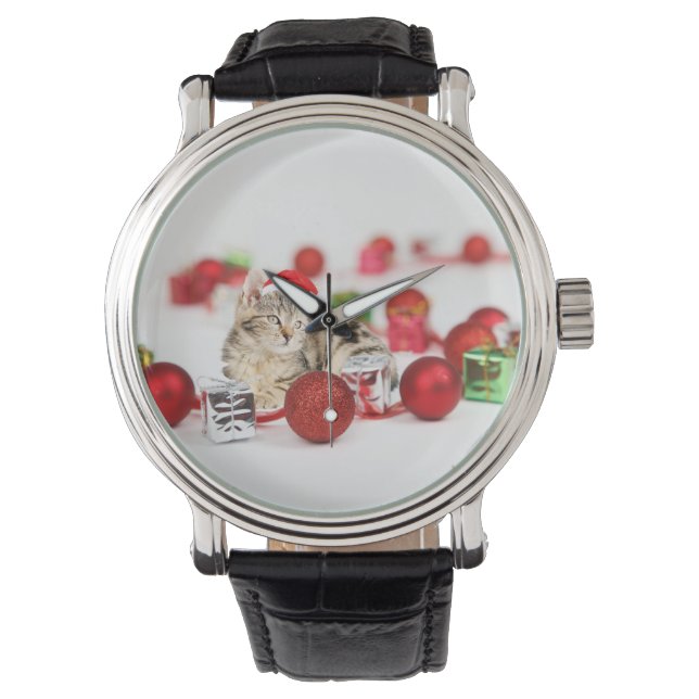 Kerstbal met kat met rode kerstman hoed horloge (Voorkant)
