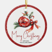 Kerstbal met rode strik en spar takken keramisch ornament (Voorkant)